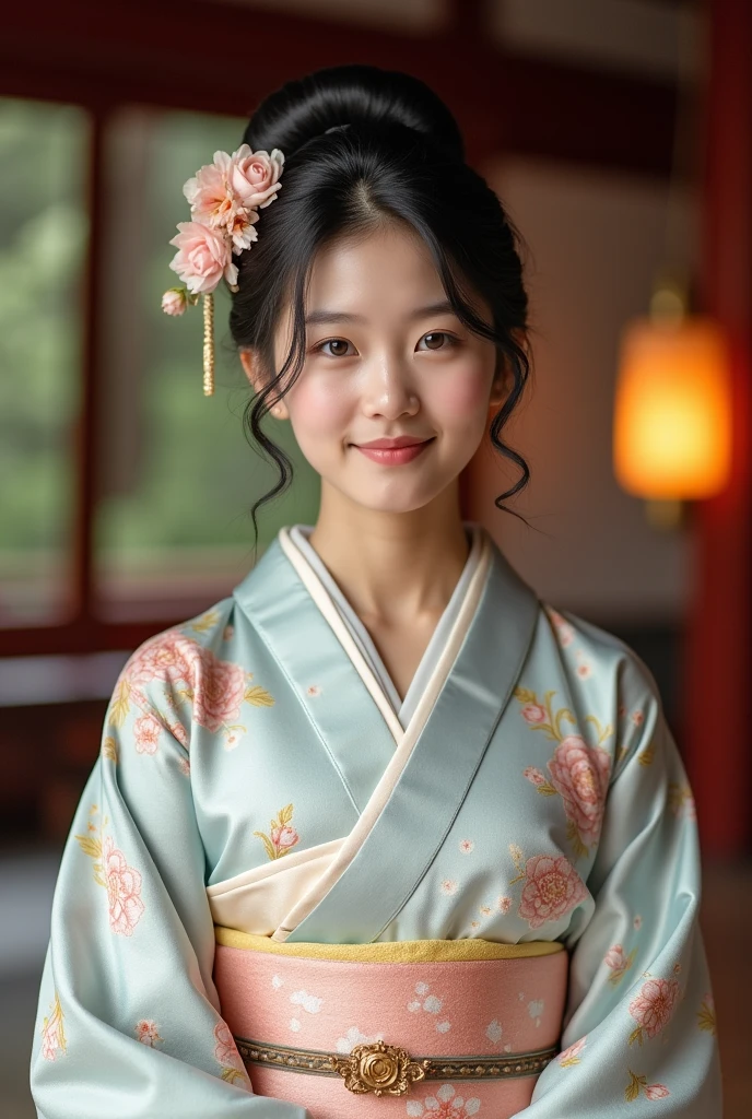 "A beautiful young woman wearing a traditional Japanese kimono, standing in a serene temple setting. The woman has a calm and elegant expression, with delicate flowers adorning her hair. The kimono is decorated with intricate floral patterns in soft pastel colors. The background includes the interior of a Japanese temple with warm lighting, traditional architecture, and a peaceful atmosphere."

