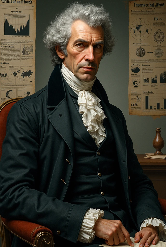 Image of Thomas Malthus in the center with data on the importance of Malthusianism and Neomanthusianism