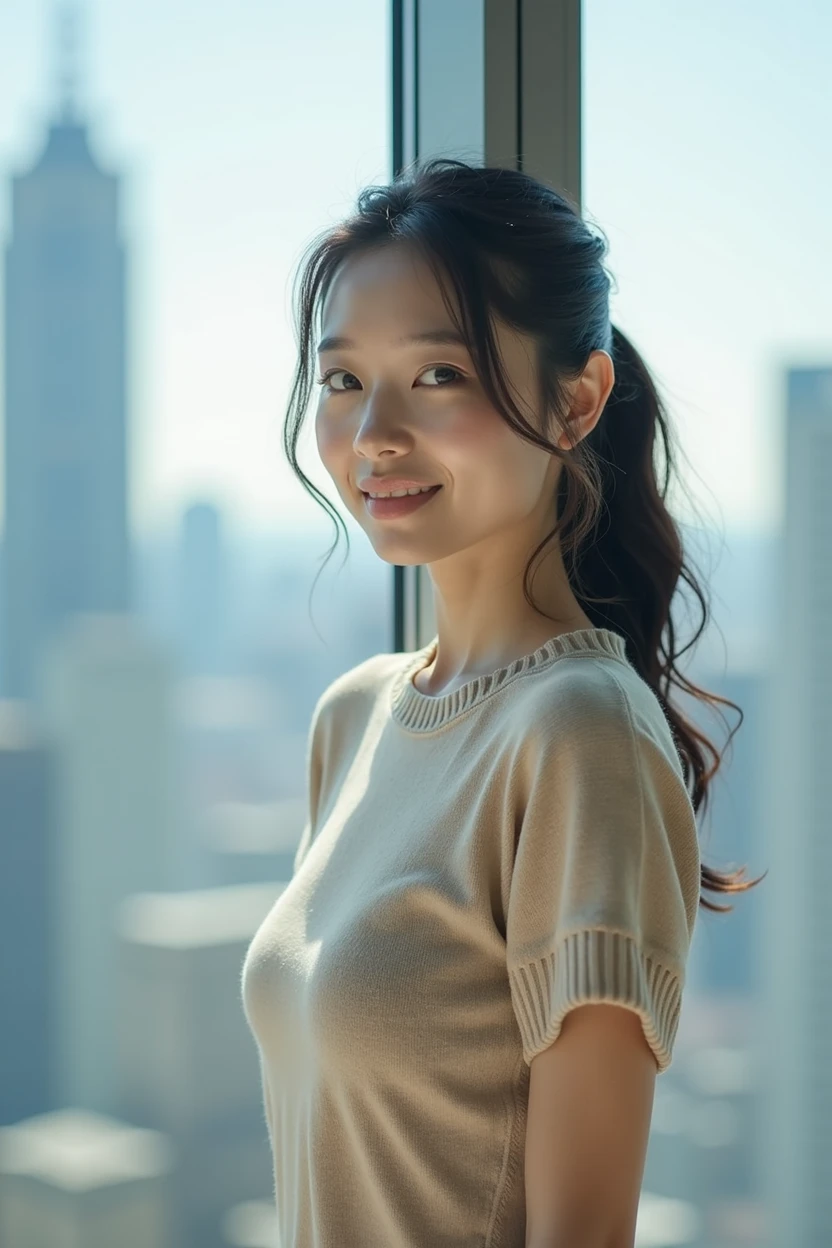 Japanese woman in a skyscraper、20generation、A beautiful and clear-skinned woman、ponytail、bright、Dress neat and clean、front、Big Breasts、Short sleeve knit、