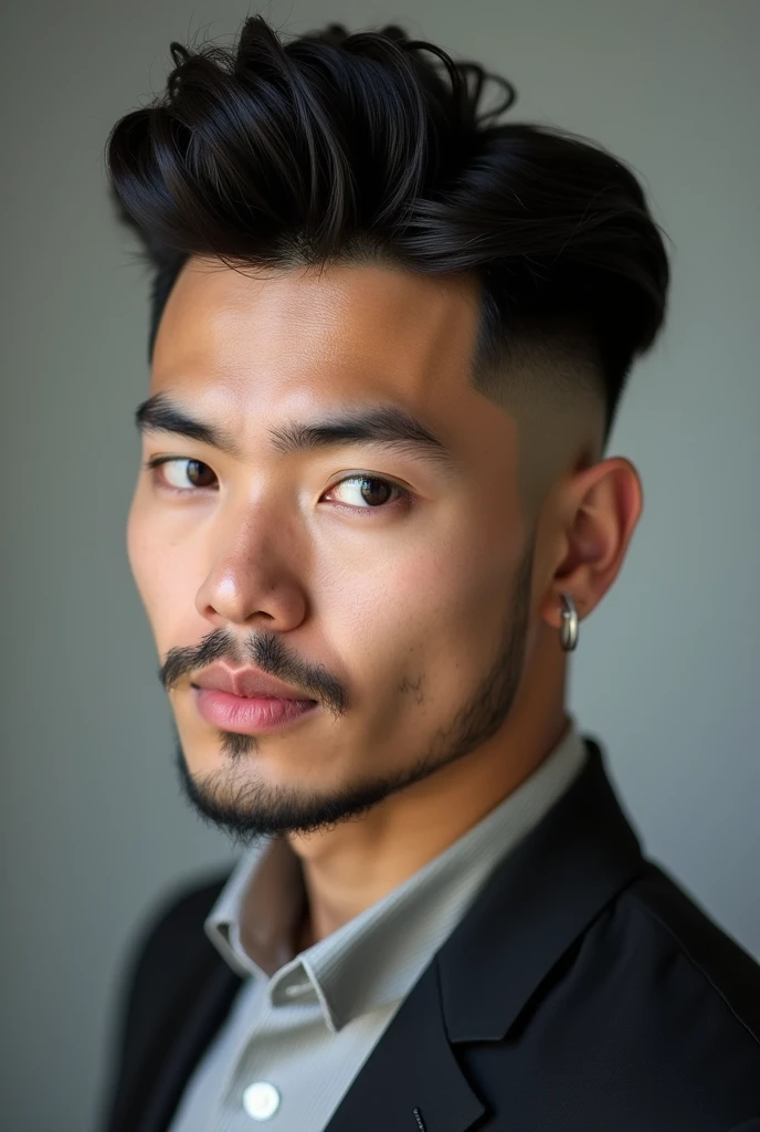 Man’s hair cut, has sideburns, fade behind ear, pulled back hair