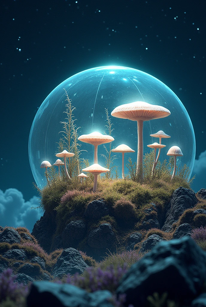 Landscape of an unknown planet,A transparent dome created by living creatures, with many mushrooms growing inside,Outside the dome there is no air and no life.,Mushrooms are only found inside the dome,The sky is pitch black and you can see the stars,