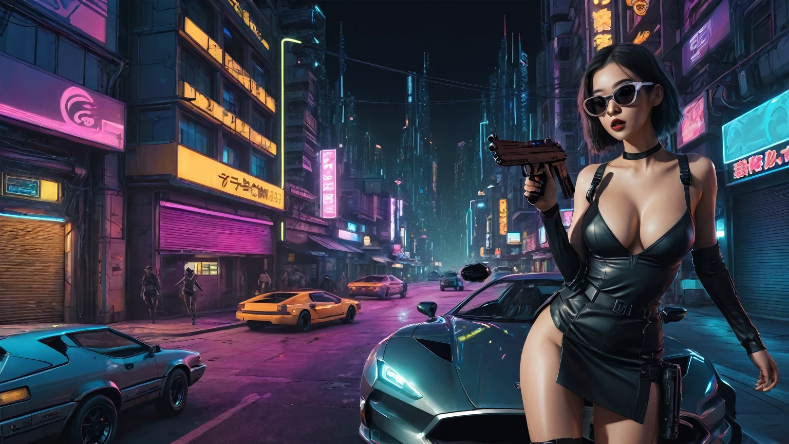 simple comic style cyberpunk city, line art background, flying cars, at night. (1girl, solo), photo realistic, medium-breast:1.3 slim body, cleavage, sling top, miniskirt, black sunglasses, holding a short gun, half-body thigh level medium shot, cinematic lighting, ray tracing.