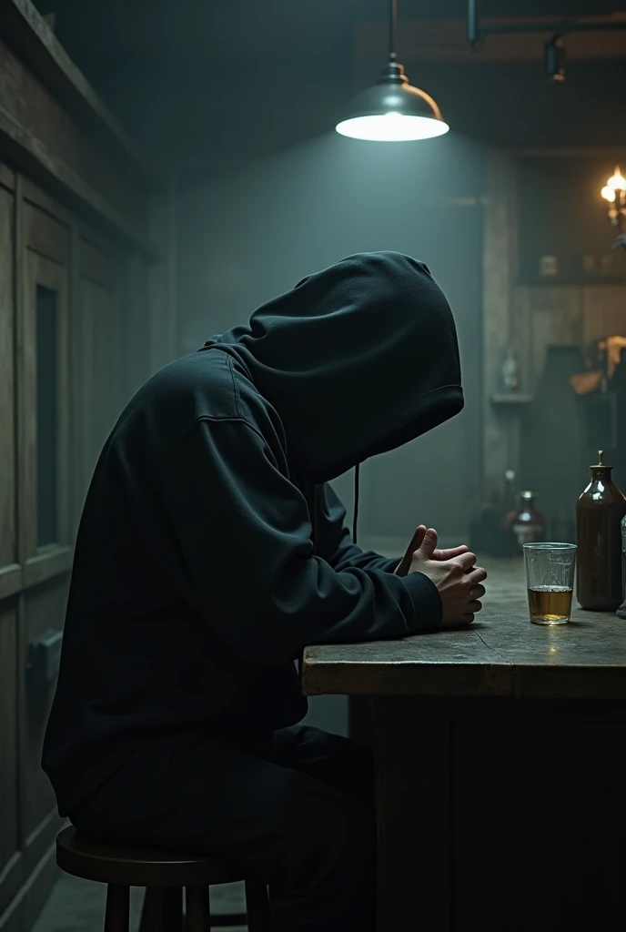 Person in a hoodie leaning on a bar counter while keeping his head down in a depressing manner
