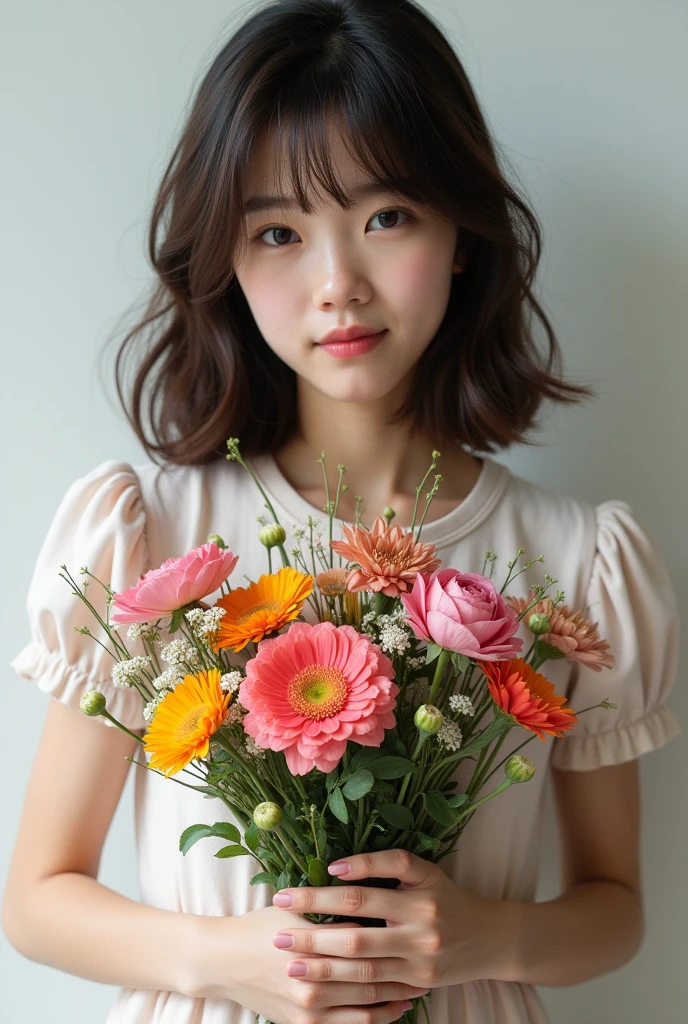 a real girl whose face is not visible with shoulder length hair holding a bouquet of flowers