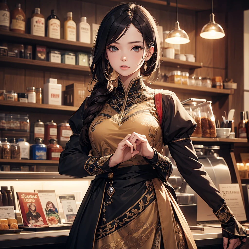 CG, Unity, 8k, wallpaper, Highest quality, masterpiece, Lovely lady, 18-year-old, (Realistic:1.2), Best lighting, Complex pupil, Intricate weaving, Detailed Background,(Barista 1.5),Transparent sleeves、For battle、(Delicate clothing with intricate patterns and decorations),A composition that shows the whole body,One Woman、(Battle costume)、Green sleeves and embellishments