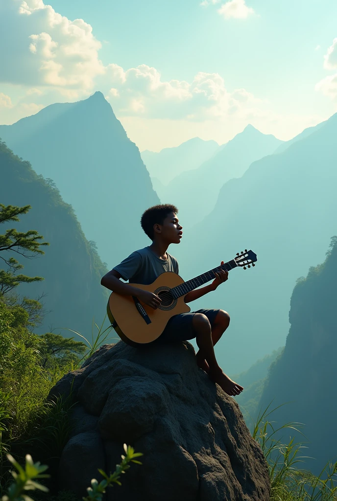 A sri lankan boy playing guitar and singing loud in a mointain withoit showing his face by sitting ina rock