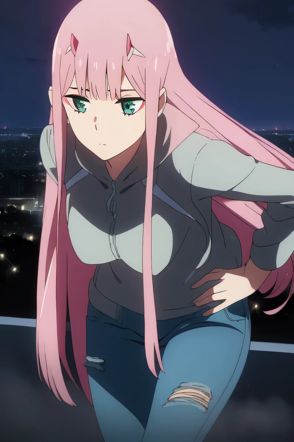 ((best quality)),((Very detailed)),masterpiece,absurd,Delicate face,Pretty Face,((Delicate eyes, Deep eyes)),(1 Girl),((Dynamic poses)),   zero_two, Green Eyes, Pink Hair, trumpet, Bangs, Straight Hair, Shut up, Medium breasts, Shiny hair, cosmetic, oni trumpet, Eyeshadow, Very long hair, blunt Bangs, jacket, walk, night, (Eyes looking away:1.3, Look away from the viewer:1.3), Ripped jeans, Hands in pockets, at night, City Streets, Neon lights, The crowd behind,