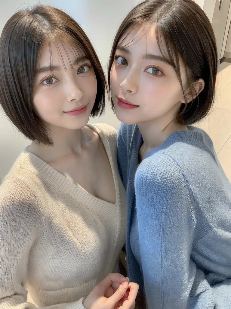 (masterpiece:1.3), (8k, Photoreal, Raw photo, best image quality: 1.4), Japanese high school girl、(random hairstyle:1.2)、cleavage:1.5、super detail face、eye for details、double eyelid、chest to chest、sharp focus:1.2、Beautiful woman:1.4、light brown hair、highest quality、masterpiece、超A high resolution、(Photoreal:1.4)、Highly detailed and professionally lit smiles、loose and light knitwear、shoulder out、thin、serious expression、short haired、deadly position
similar identical twins
All the girls have the exact same face, The two have the same face and figure, as if they were mirror images.
