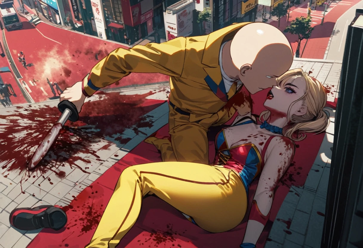 (Extreme complexity, two unique subjects) Margot Robbie as Harley Quinn (insane pretty face, tiny themed outfit Harley Quinn makeup on body, blood spatter) is wielding a bloody ball bat. Harley is standing over a confused Saitama who is lying on the ground on his back (iconic yellow suit, blood spatter, red cape, bald head). Downtown Tokyo
