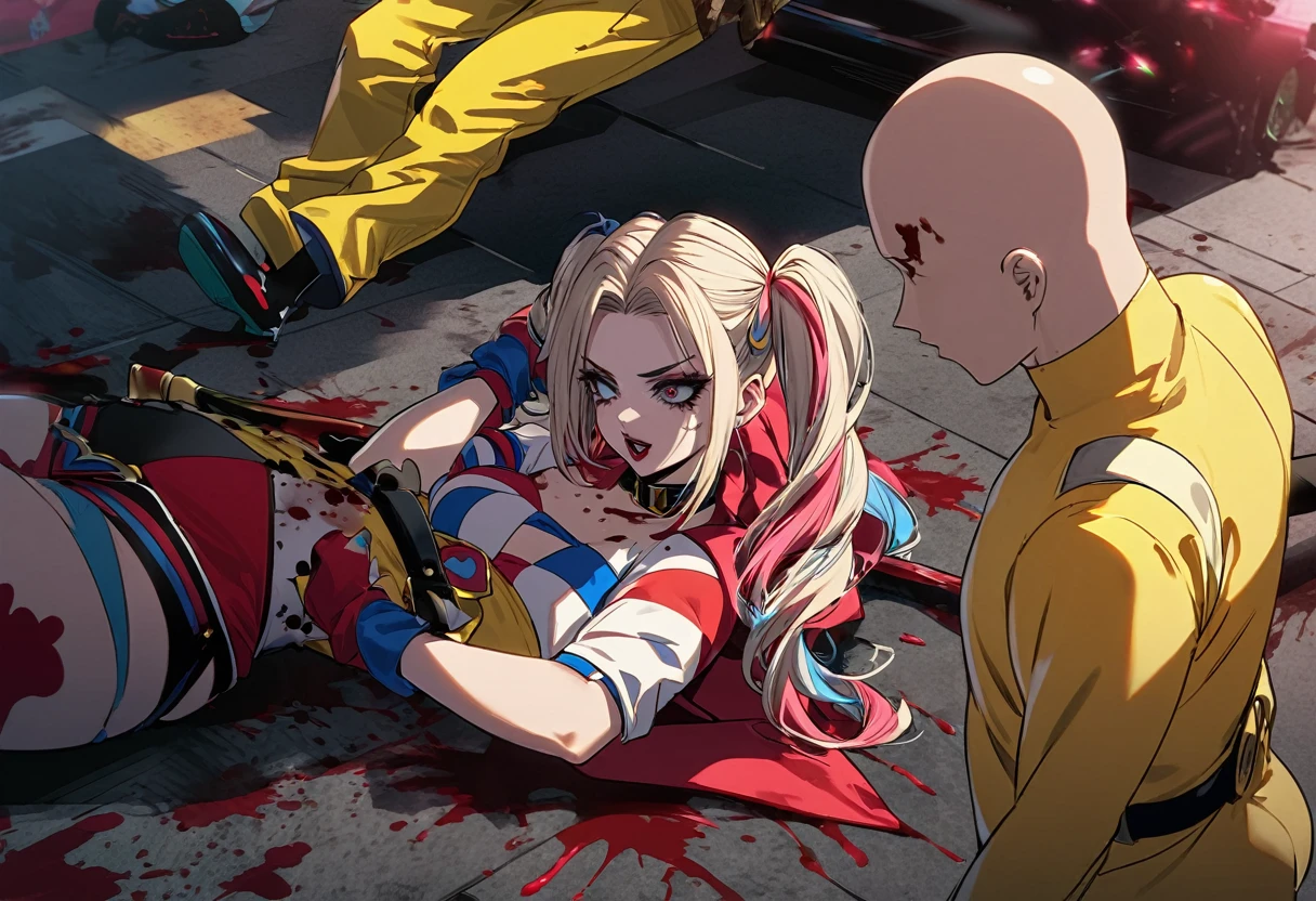 (Extreme complexity, two unique subjects) Margot Robbie as Harley Quinn (insane pretty face, tiny themed outfit Harley Quinn makeup on body, blood spatter) is wielding a bloody ball bat. Harley is standing over a confused Saitama who is lying on the ground on his back (iconic yellow suit, blood spatter, red cape, bald head). Downtown Tokyo
