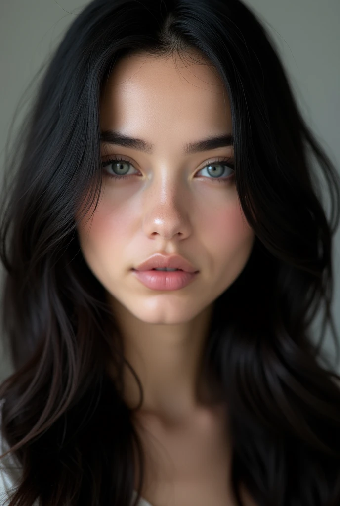Beautiful black haired woman very realistic photo of a white skinned woman with long black hair beautiful eyes beautiful face smooth skin without imperfections in a photo shoot