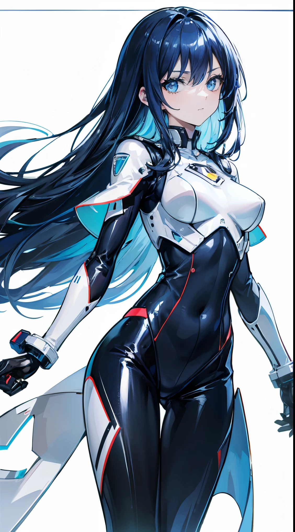 white solid background，stand at attention，ID photo，Black patent leather bodysuit，Long navy blue hair，blue eyes，stand at attention站好，ID photo，Game CG，Stand still