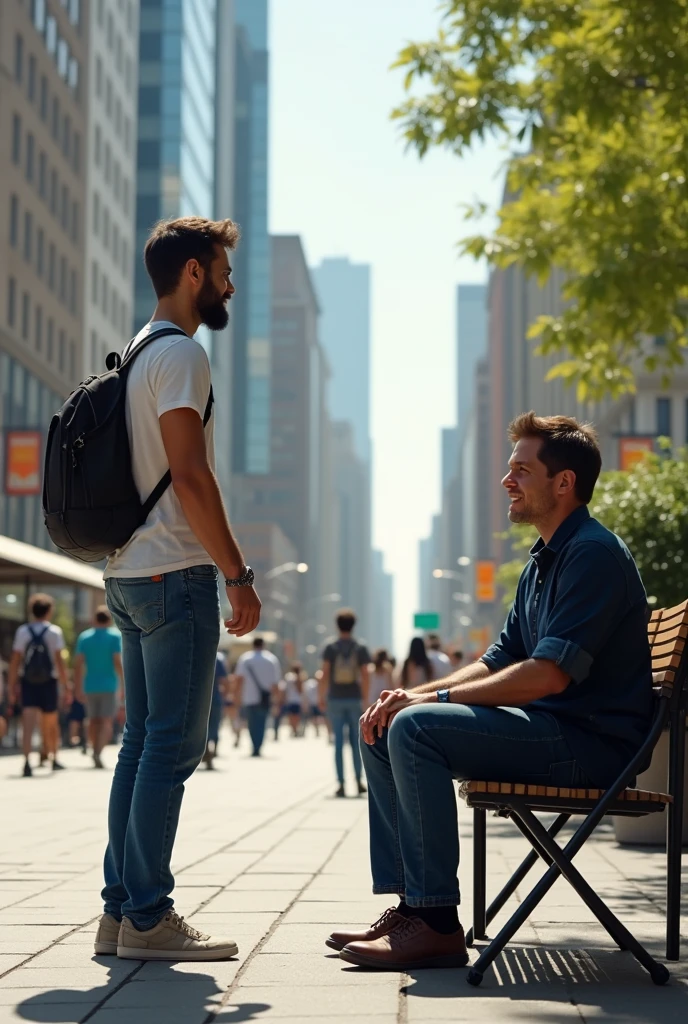Guy come to his friend who is sitting in the city