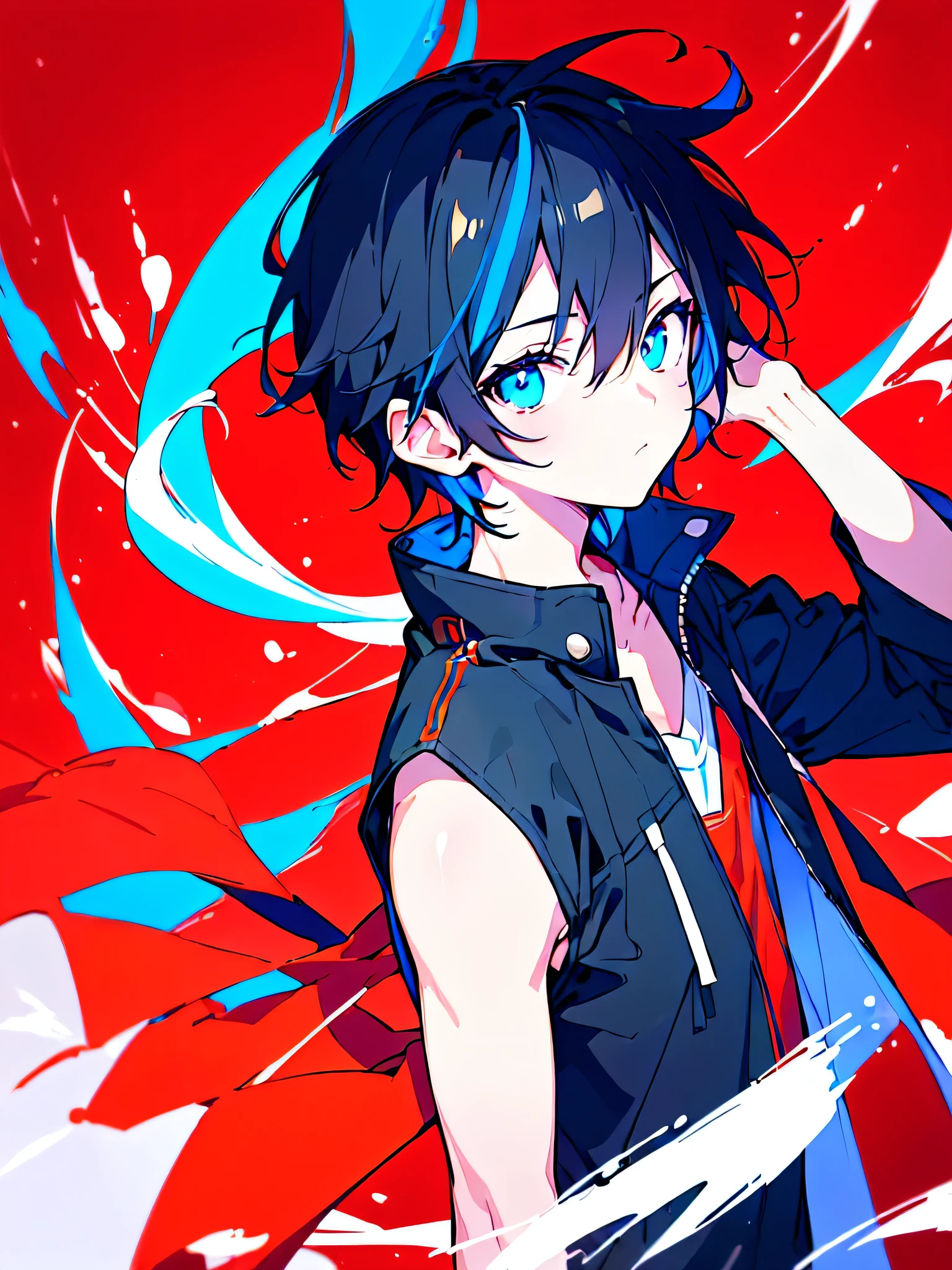 [(RED BACKGROUND:1.5),::5], ((((masterpiece)))), high quality, ultra very high resolution, full color, (((solo))), ((little boy)), BLACK short hair, ((Blue streaked hair)), (oriental deepblue eyes), anime, ((upper body)), Summer clothes, neon light, black parka,