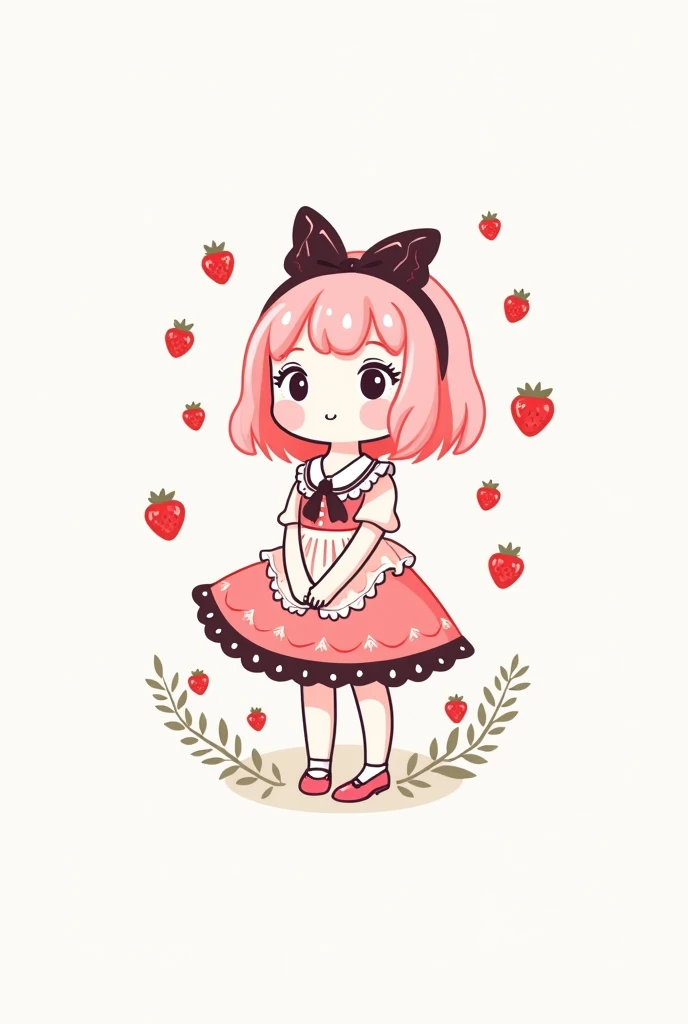 Create a small logo of a store called "Lulumu Store" with white colors, rosa , red, black and has a girl dressed as a lolita with pastel pink hair and strawberries drawn around it 