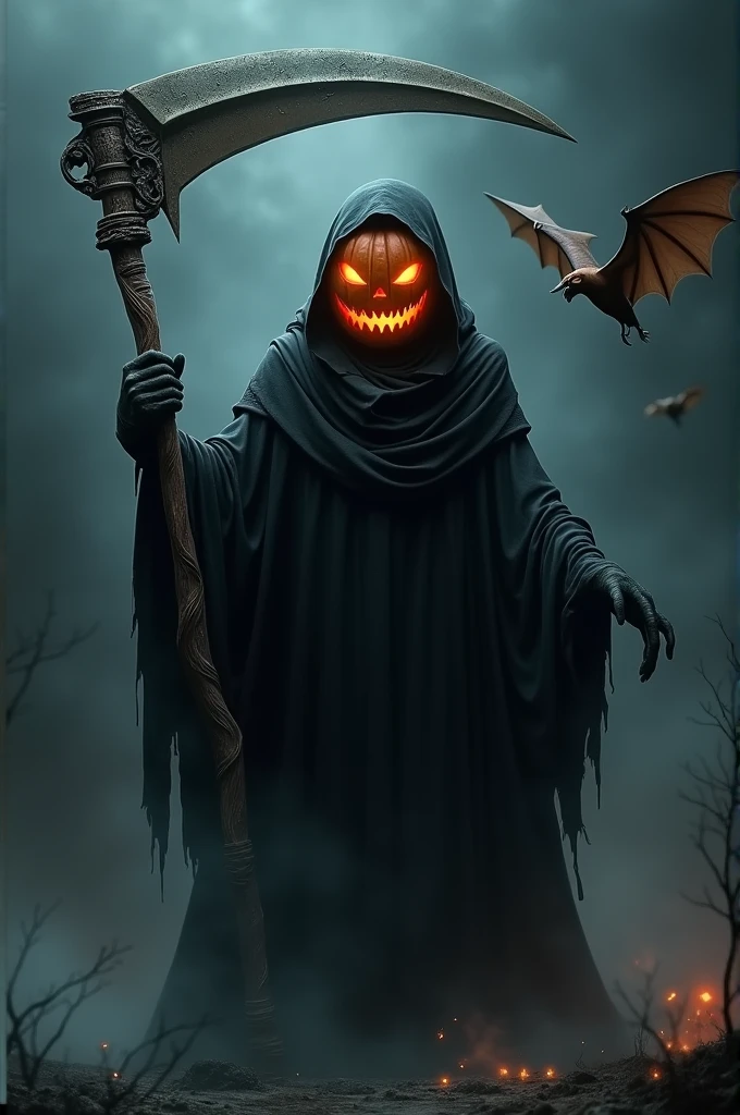 Jack-o'-lantern ghost wearing a black cloak carrying a large scythe accompanied by a bat