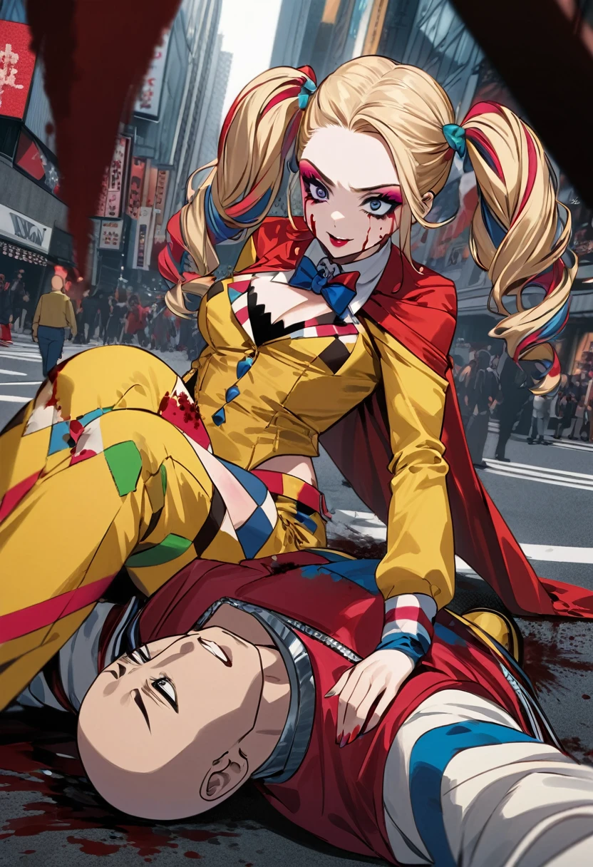 (Extreme complexity, two unique subjects) Margot Robbie as Harley Quinn (insane pretty face, tiny themed outfit Harley Quinn makeup on body, blood spatter) is wielding a bloody ball bat. Harley is standing over a confused Saitama who is lying on the ground on his back (iconic yellow suit, blood spatter, red cape, bald head). Downtown Tokyo