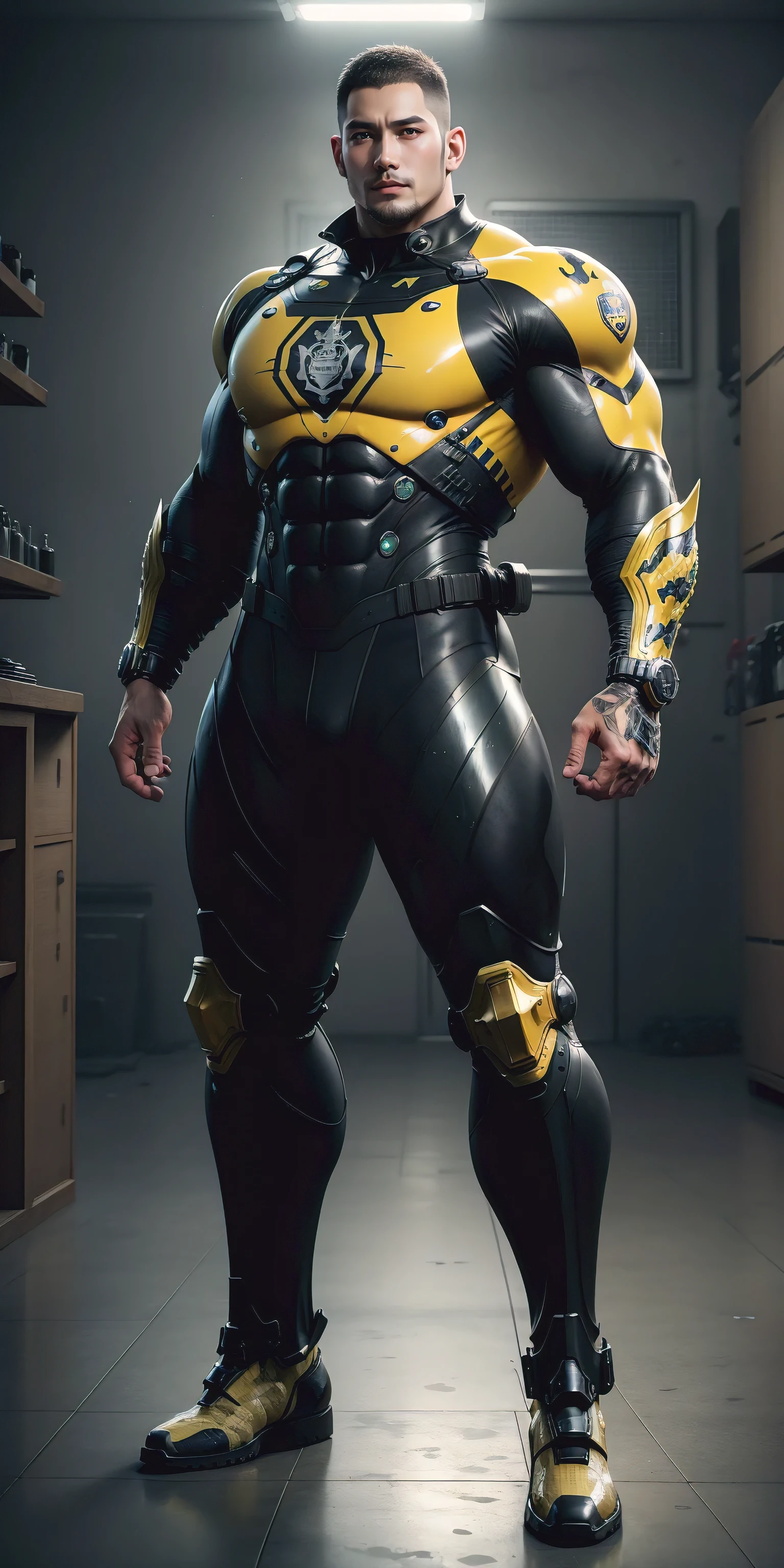 Tall giant muscular police officer，Yellow and black camouflage patterned nano mecha，Honeycomb pattern，Lightweight texture，Character Concept（Resident Evil - Chris Redfield，Chris Redfield）senior police officer，Small grid texture，Regular symmetrical texture pattern，Sad expression，Deep and charming eyes，Standing in a bright mechanical laboratory，Emerald Eyes Hero，Heroic male pose，Tall burly，muscular！Attractive leg muscles，High target, Burly, Heqiang，  Super Buff and Coolness， High Resolution Committee， Bigfoot yellow-gray ultra-thin nano-mechanical boots，Charismatic strongman，The bright sunshine shines on you，Matte particles，Shiny texture