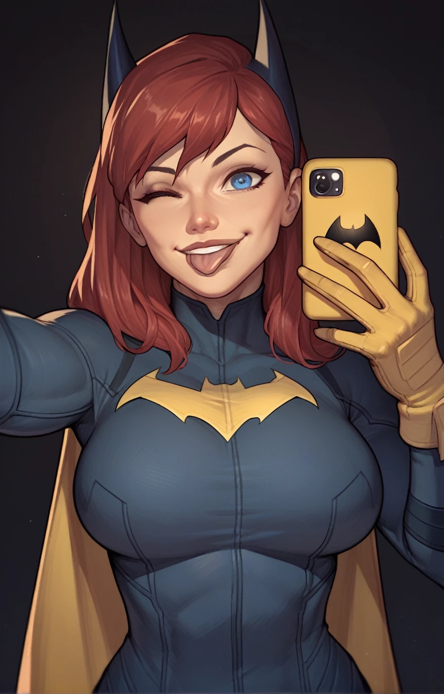 source_western, adamhughesstyle, 1girl, Batgirl, bodysuit, superhero, red hair, masked, blue eyes, big breasts,dramatic lighting, dark background, upper body selfie, holding a phone, closeup shot, cute smile, wink, showing tip of a tongue, score_9, score_8_up, score_7_up, score_6_up, score_5_up, score_4_up,