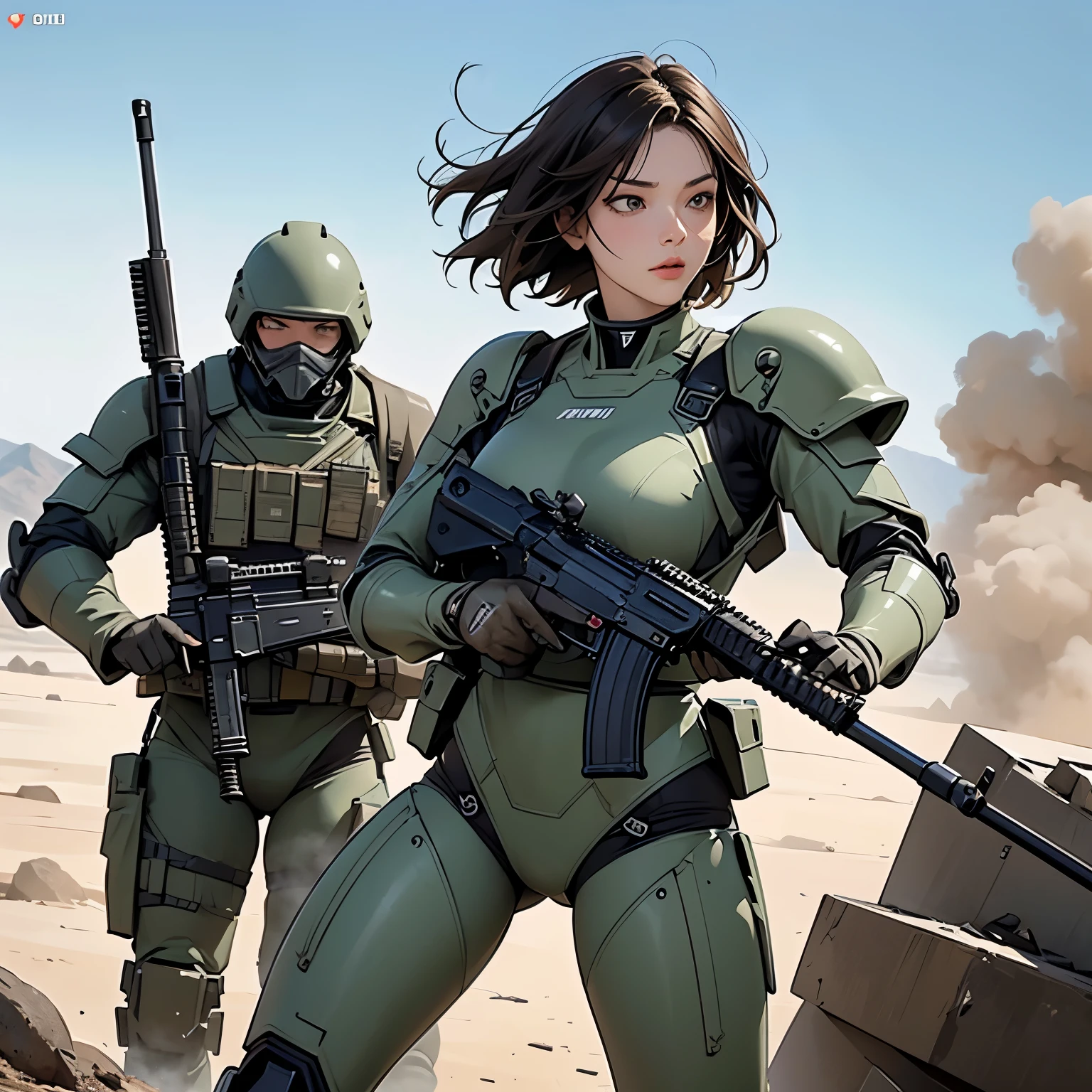 nsfw, anime screencap, 16K, perfect anatomy proportion body, perfect hands, action, A dynamic composition with a sense of speed and movement, (Hold an assault rifle:1.6), a wife, 40age, perfect beautiful delicate sexy face, perfect beautiful delicate eyes, brown hair, short bob hair, gigantic tits, Camouflage colored heavy armor robotic steam engine full armor powered suit, Many robot soldiers having a gunfight in the background, Flying bullets, Desert Battlefield, war, Post-apocalyptic,