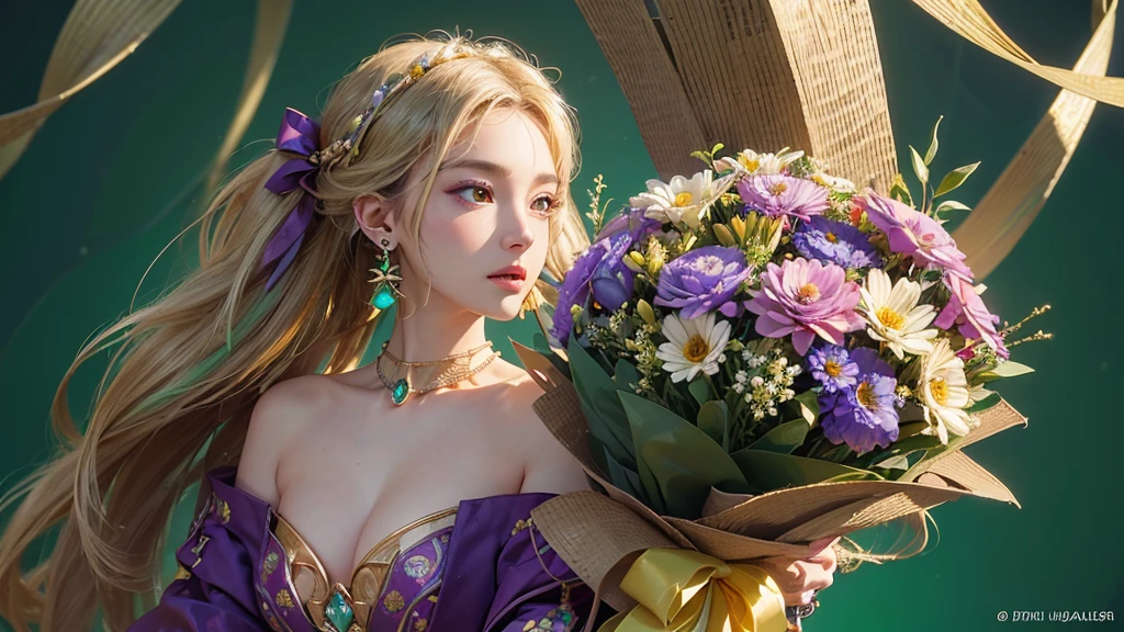 32K, 最高quality, 最高masterpiece, (ultra-Detailed Background, Detailed Background), High resolution, Super detailed, Very detailedな, One girl, (bouquet:1.3), (Tangled:1.2), (Geometric:1.2),(colorful),(masterpiece, quality, best quality, Official Art, Beautiful and beautiful:1.2), (1 girl:1.3), Very detailed,(colorful:1.1)(Flowers:1.3),Most detailed,(Tangled:1.2), whole body, (Abstract background:1.3), (Skin glows), (Many colors:1.4), ,(Earrings Jewelry:1.5), Light green background,