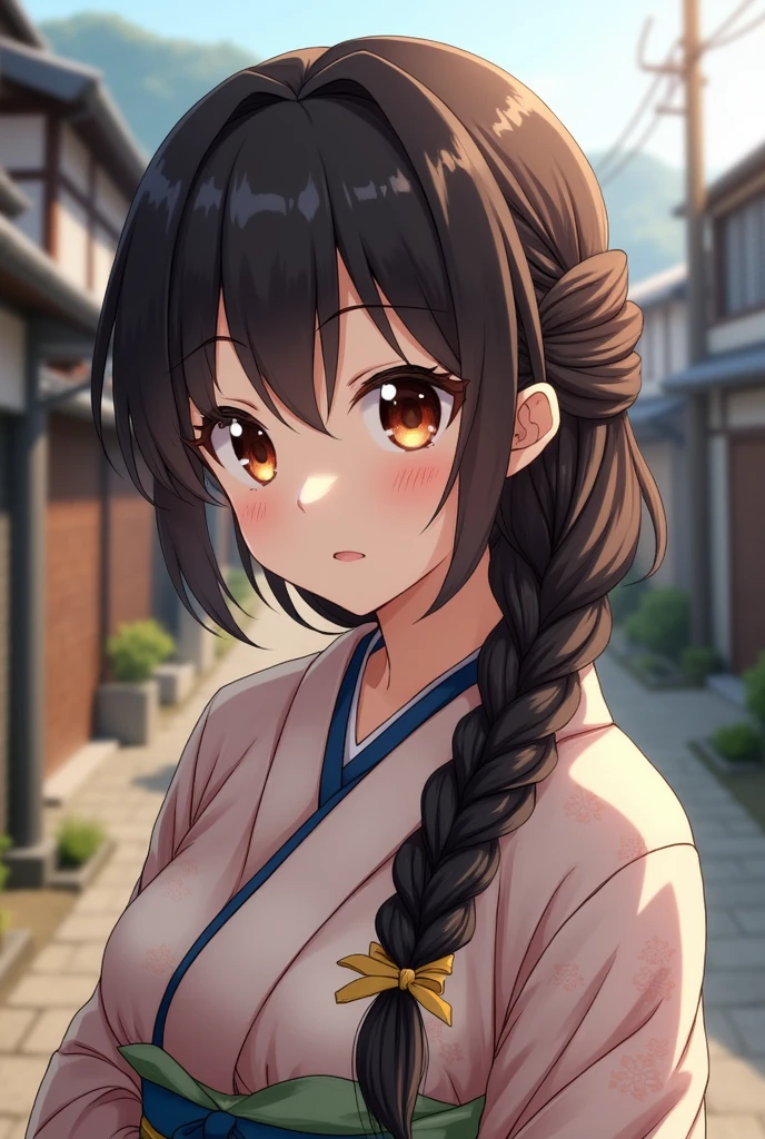 long dark brown hair in a braid, large brown eyes, wearing a traditional Japanese kimono, standing in a rural Japanese town.