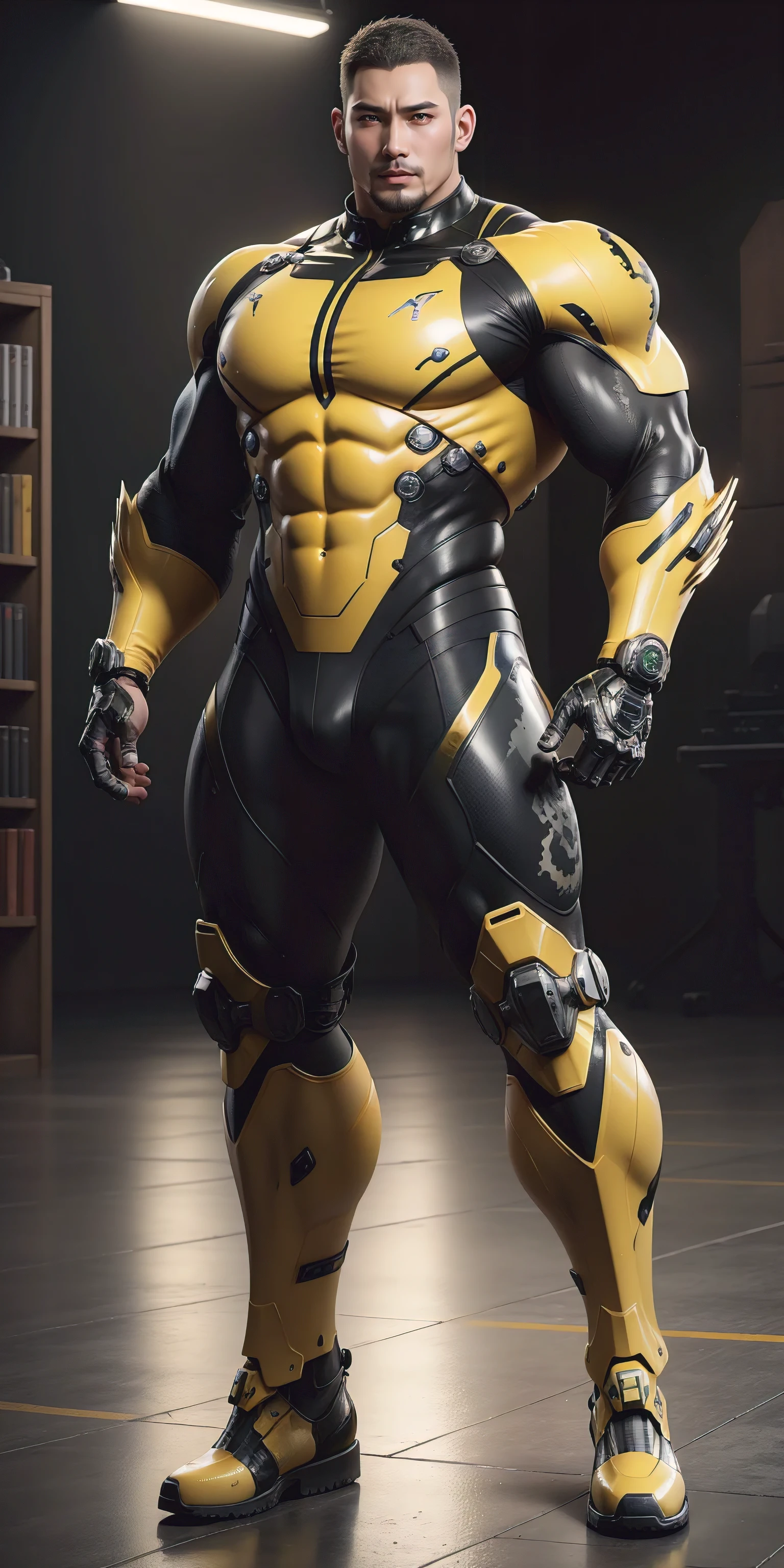 Tall giant muscular police officer,Yellow and black camouflage patterned nano mecha,Honeycomb pattern,Lightweight texture,Character Concept(Resident Evil - Chris Redfield,Chris Redfield)senior police officer,Small grid texture,Regular symmetrical texture pattern,Sad expression,Deep and charming eyes,Standing in a bright mechanical laboratory,Emerald Eyes Hero,Heroic male pose,Tall burly,muscular!Attractive leg muscles,High target, Burly, Heqiang, Super Buff and Coolness, High Resolution Committee, Bigfoot yellow-gray ultra-thin nano-mechanical boots,Charismatic strongman,The bright sunshine shines on you,Matte particles,Shiny texture