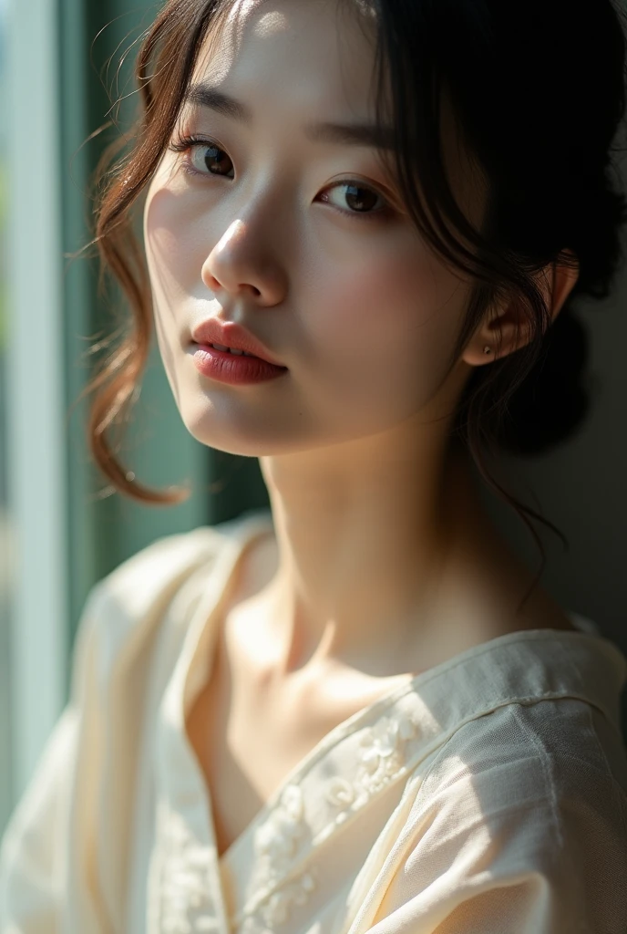 An elegantly dressed Japanese woman in natural light、A close-up of her chest and calm expression.、It shows her inner peace and outer charm.。