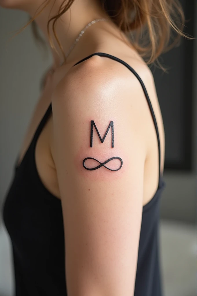 A tattoo in a single stroke that includes the letter M, the letter P and the infinity symbol