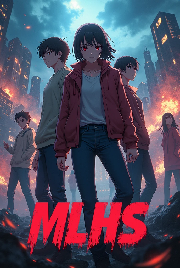 Make an epic anime cover poster with the title MLHS, explosions, dystopian, anime, manga, cyberpunk, violent