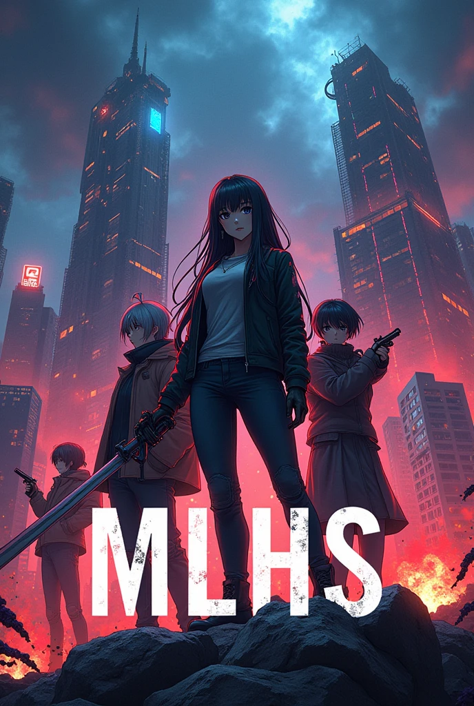 Make an epic anime cover poster with the title MLHS, explosions, dystopian, anime, manga, cyberpunk, violent