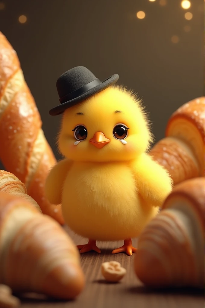 A yellow chick crying, he is in a place surrounded by French breads, He's very sad, He wears a black hat 