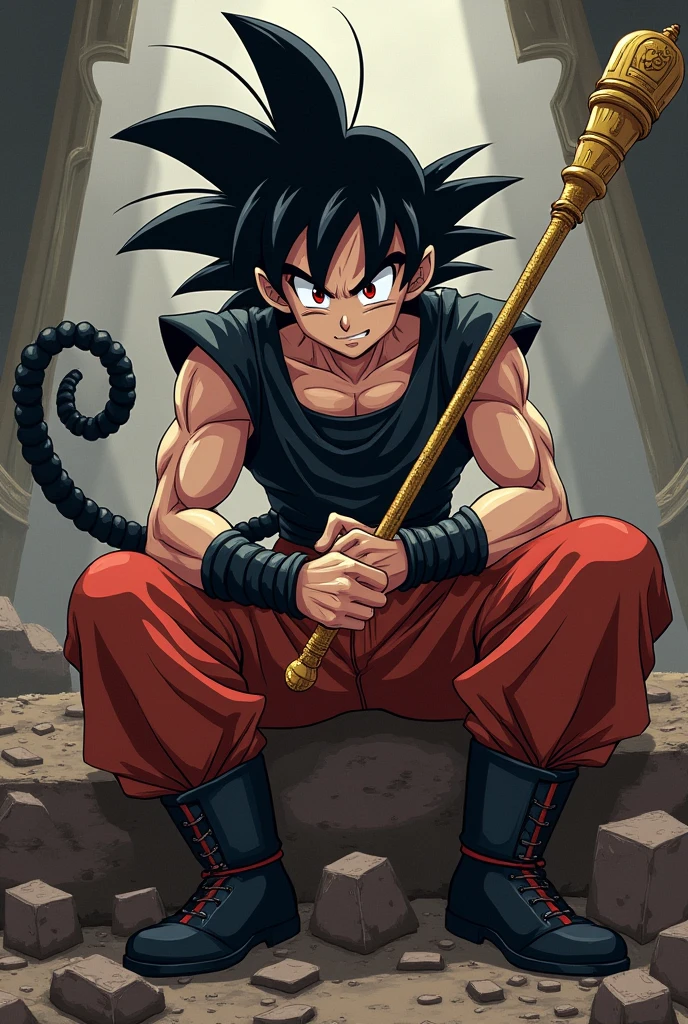Son Goku sitting on a destroyed lathe, Villain, With an evil look, Holding a gold wand, Wearing obsidian armor, Red eyes, Lots of black hair, With monkey tail
