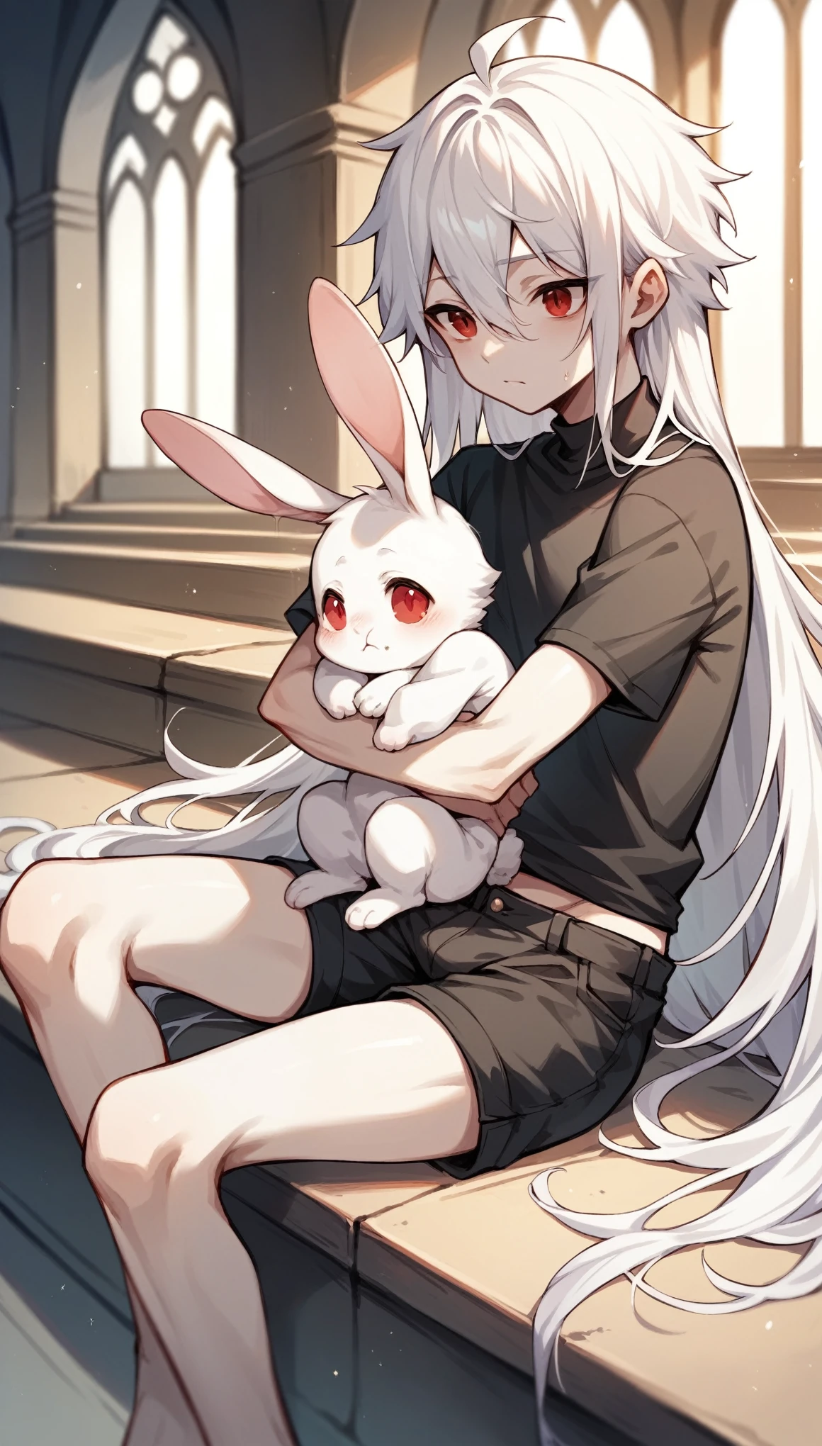 A young boy with very long white hair. He had white skin, red eyes, and wore a puffy-sleeved shirt and thigh-skimming shorts. He was sitting in a church pew, holding some rabbits in his arms.