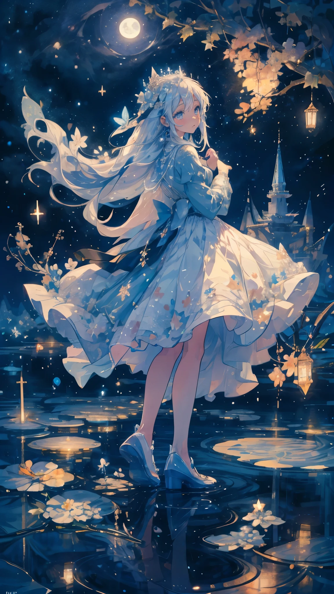 (Mastepiece), (Best Quality), Very detailed, 1 girl, (Full body photography:1.5), Perfect Face, beautiful girl, Very detailedな顔,(Blue Princess Dress:1.4)、(Long white hair:1.5),(blue eyes:1.4),(Princess:1.4)、(White flower:1.4)、(Blue Butterfly々:1.3)、(Sparkling:1.3)、moonlight、流れstar、(night、star空、White Moon:1.4)、star々、moonlight