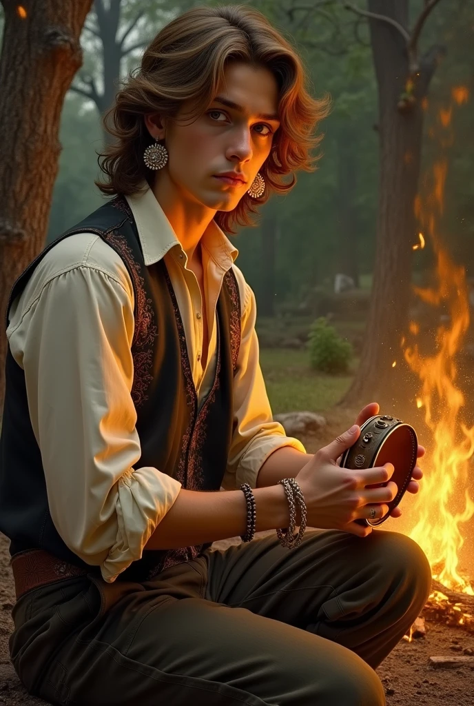 ((Baroque style painting of a young gypsy)) earrings and bracelets, handsome and strong young man, sexy and masculine, lascivious and mischievous face, dressed in vest, shirt and pants in the style of the Victorian Era, almond-shaped eyes, light brown hair long, silky, falling over the shoulders, ((looking at the camera)), ((playing the gypsy tambourine near a fire in a gypsy camp)). Baroque painting