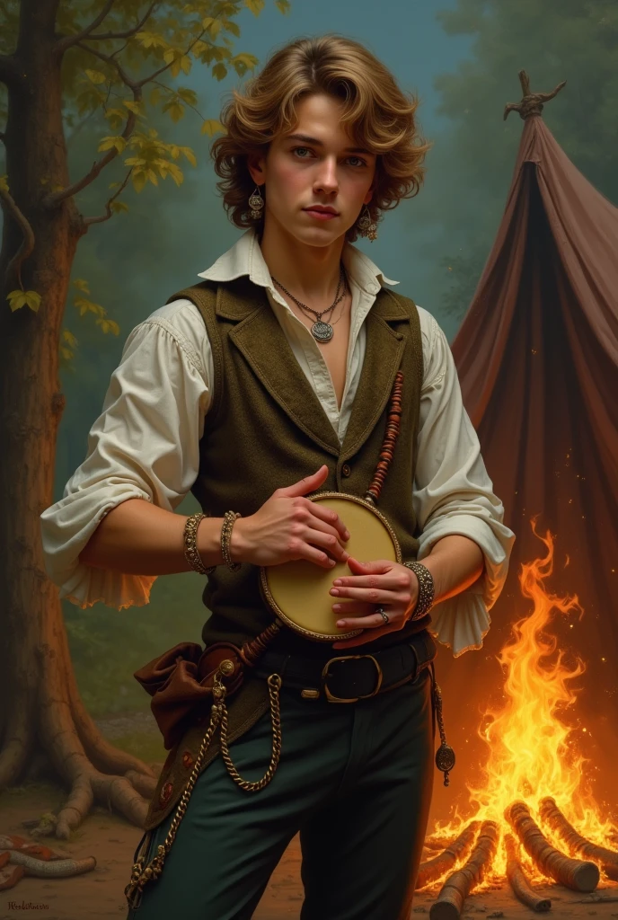 ((Baroque style painting of a young gypsy)) earrings and bracelets, handsome and strong young man, sexy and masculine, lascivious and mischievous face, dressed in vest, shirt and pants in the style of the Victorian Era, almond-shaped eyes, light brown hair long, silky, falling over the shoulders, ((looking at the camera)), ((playing the gypsy tambourine near a fire in a gypsy camp)). Baroque painting