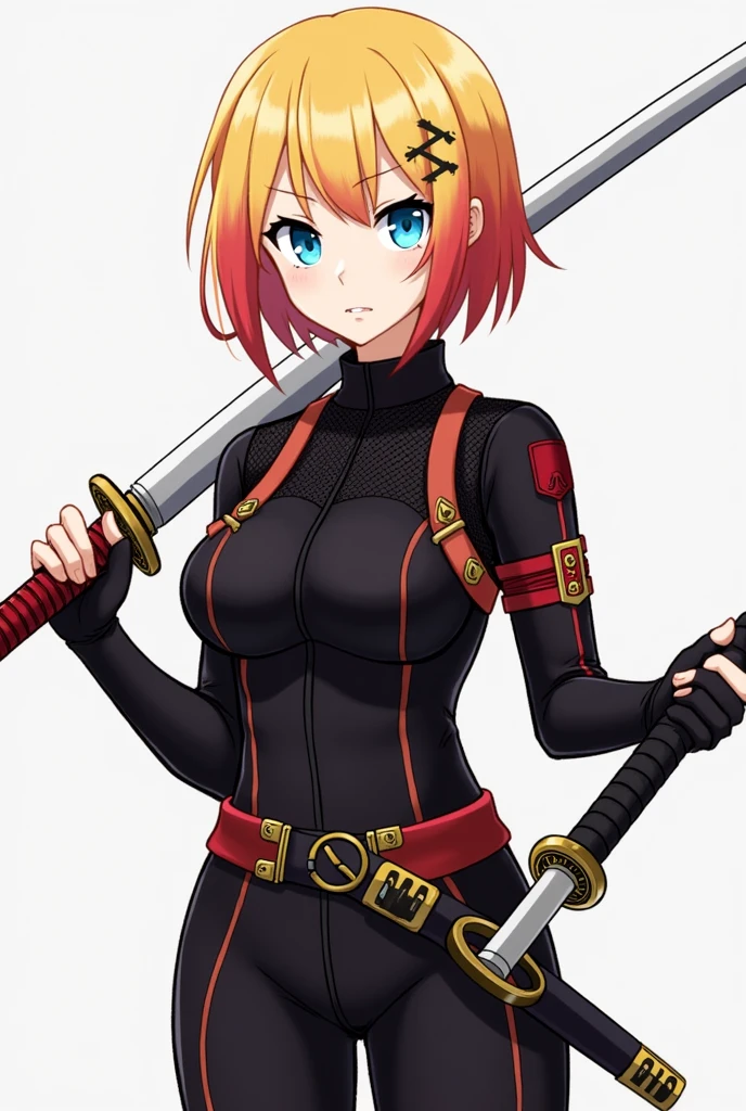 Full Body Portrait:
Hair: Short, shoulder-length hair with a gradient from bright yellow at the roots to red at the tips. Styled modernly with bangs slightly falling over the forehead.
Eyes: Deep blue, varying in brightness with emotional state. The eyes are serious and determined, reflecting inner strength.
Clothing: Hikari is dressed in a tight black ninja jacket with red details. The jacket features shoulder straps and a mesh fabric area on the chest for protection and flexibility. It has golden edge decorations. She wears black fingerless gloves on her hands and a band with her clan's symbol on her left arm. The outfit is designed for combat and mobility, making her look like a true ninja.
Accessories: A small spiral-shaped hairpin in red and black tones, securing part of her hair to the side.
Katana: Hikari holds one katana, a long, sharp blade with a black handle wrapped in red details and a gold-engraved guard. The katana features a dial with 12 functions, and at position 11, it has a special symbol. The blade can shrink to approximately 8 cm when the dial is set to position 0. The katana is held firmly, showing her readiness for combat.
Pose: Standing upright with a serious expression, holding the single katana in a confident and poised manner.