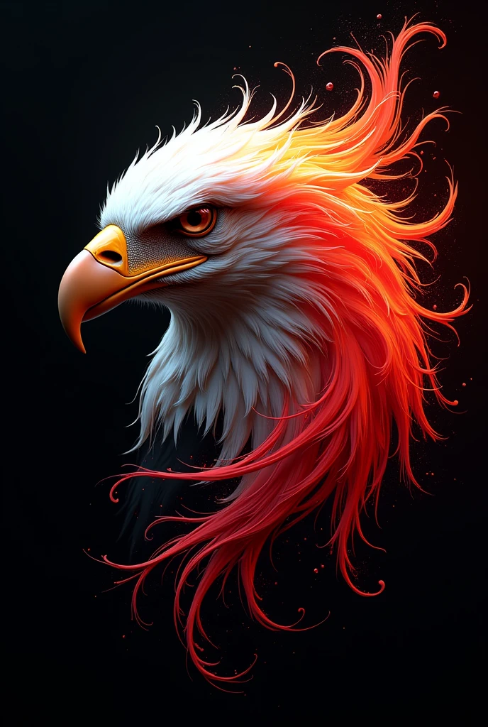 A stunning digital art piece, capturing the essence of a majestic eagle head adorned with swirling patterns of vibrant colors. And name "Heiker" The eagle's head is painted in a mesmerizing blend of neon red, orange, white, and black, creating an otherworldly and captivating effect. The fluid motions of the paint resemble liquid, as if the eagle's head is made of flowing water. The background is a deep, dark black, which starkly contrasts with the vivid hues of the paint and emphasizes the curvature of the figure. The eagle's feathers seem to twist and move in the wind, further highlighting the fluidity and life of the artwork.