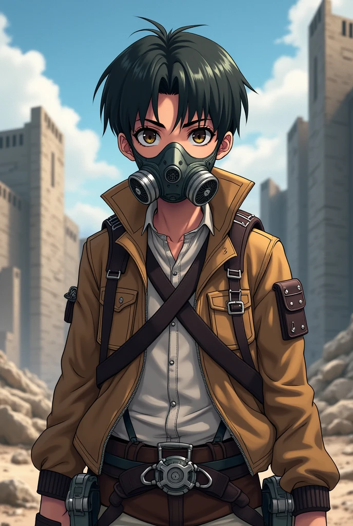 Anime teen boy wearing a half face steampunk gas mask and a attack on titan inspired clothing in a apocalyptic attack on titan setting background 