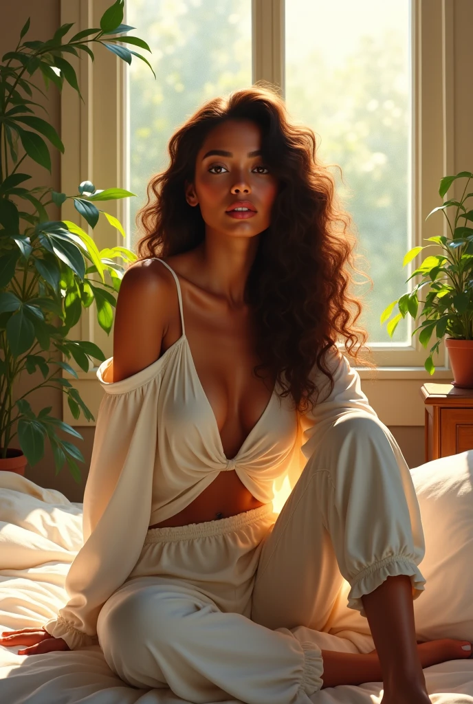 (photorealism:1.2), beautiful woman, sitting on bed, wearing loose off-shoulder top, pajama pants, long curly hair, indoors, soft lighting, plants in background, window with sunlight, cozy room, relaxed pose, realistic, intricate details, warm colors, by Greg Rutkowski, by Alphonse Mucha