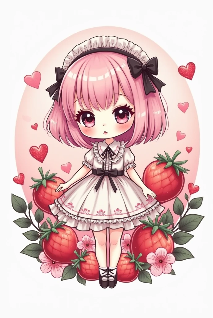 Create a small logo of a store called "Lulumu Store" with white colors, rosa , red, black and has a girl dressed as a lolita with pastel pink hair and strawberries drawn around it 