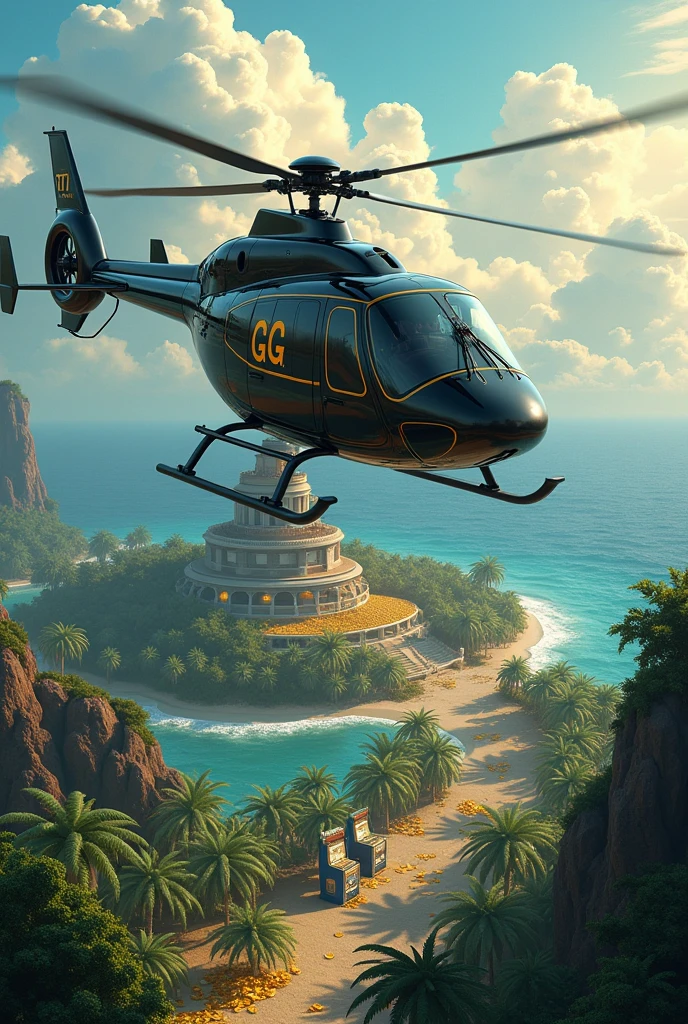 A HELICOPTER WITH THE LOGO "GG" Flying in the sky, flying over an island full of gold coins money and marijuana , and 777 slot machines
