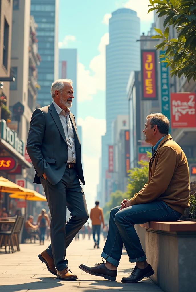 Guy come to his friend who is sitting in the city