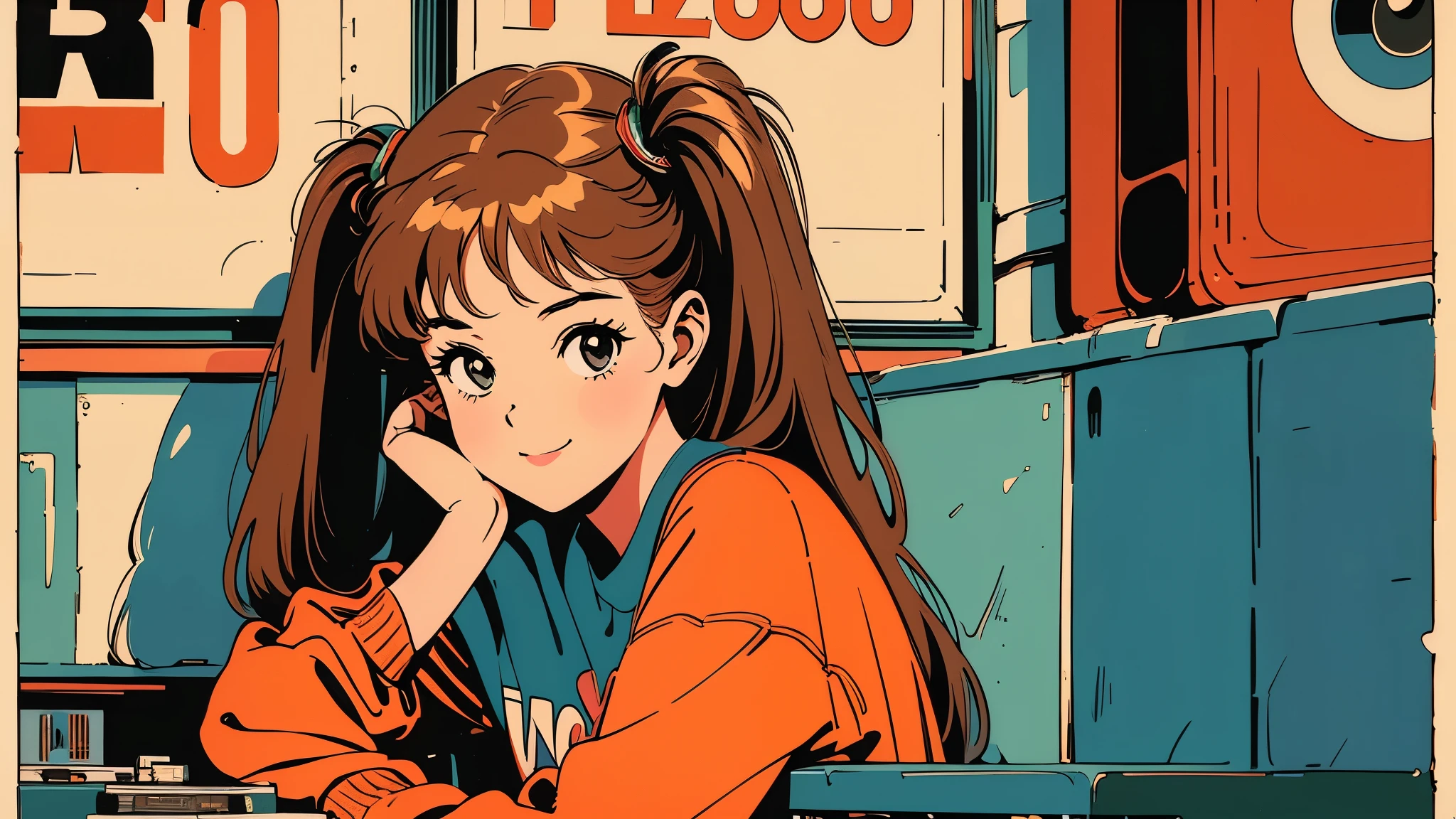 A girl in a retro 80s outfit, sitting in her room decorated with vintage posters and cassette tapes, twintail, copper hair, {(wide shot)}, Smile, one girl, solo, solo focus, Alone.