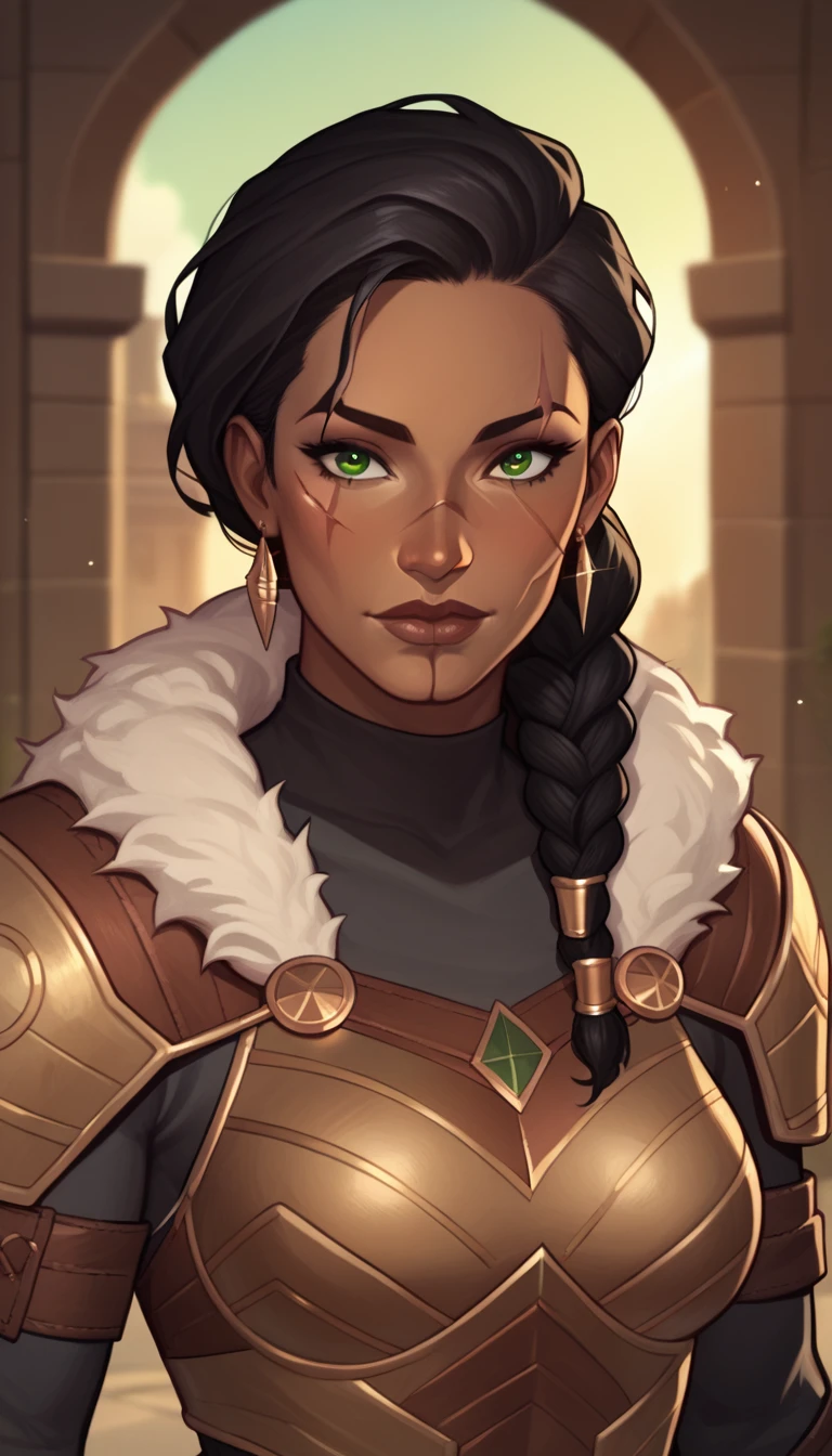 (((beautiful, high quality, perfect eyes, comics style))), upper body, score_9, score_8_up, score_7_up, 1girl, (((mature african woman, dark-skinned))), scar on face,black hair,greeneyes,side braid, leather armor,fur trim, fantasy background, blurred background, easynegative