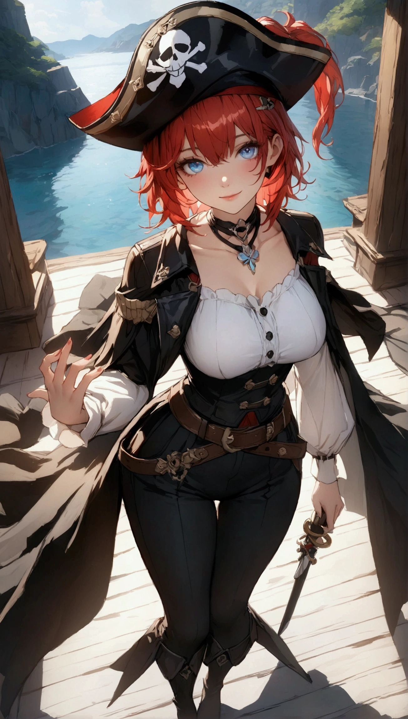 (Masterpiece. The best quality. 8K. Sharp focus. Depth of field, The best shadows. Perfect lighting. HDR. Realistic skin texture. Ultra-detailed background. Detailing). Anime style. Honkai: Star Rail. March 7. 1 girl. Fiery red hair, short hair. Azure blue eyes, beautiful eyes, beautiful eyes, expressive eyes. Beautiful nose, perfect facial features. Perfect anatomical body, slender figure, second size breasts, beautiful breasts, thin waist, rounded hips, beautiful long legs. Pirate hat, white blouse, pirate pants, Uniform cloak, shoulder straps with the Jolly Roger, knee-high boots, wide belt at the waist. Saber in the right hand. Muskets in the left hand. Gambling smile. Feet shoulder-width apart. Standing on the deck. Standing at full height. Concept art. Looking at the viewer. At full height. Full body.