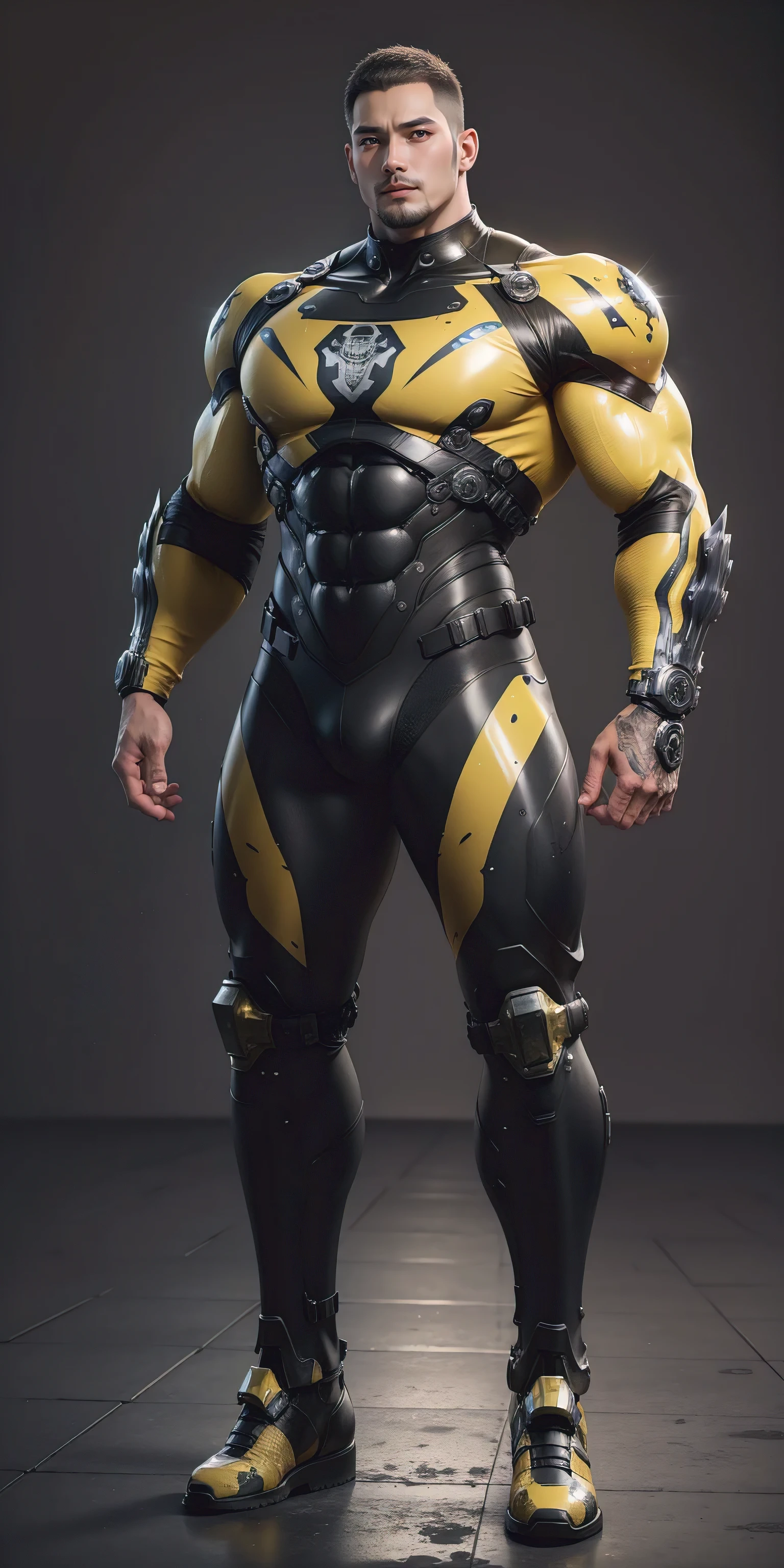 Tall giant muscular police officer，Yellow and black camouflage patterned nano mecha，Honeycomb pattern，Lightweight texture，Character Concept（Resident Evil - Chris Redfield，Chris Redfield）senior police officer，Small grid texture，Regular symmetrical texture pattern，Sad expression，Deep and charming eyes，Standing in a bright mechanical laboratory，Emerald Eyes Hero，Heroic male pose，Tall burly，muscular！Attractive leg muscles，High target, Burly, Heqiang，  Super Buff and Coolness， High Resolution Committee， Bigfoot yellow-gray ultra-thin nano-mechanical boots，Charismatic strongman，The bright sunshine shines on you，Matte particles，Shiny texture