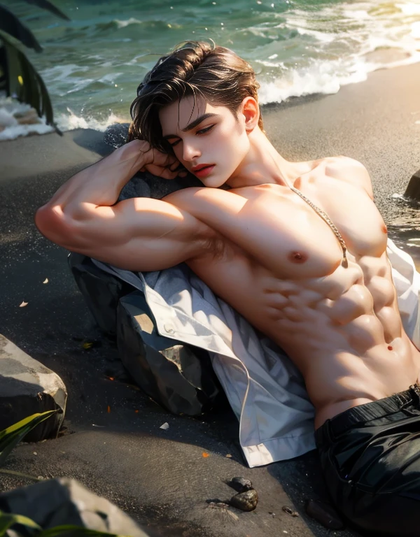 A handsome 20 years old man, muscular and slim, model , washed ashore unconcious, found lying down on the seashore unconcious, eyes are closed,red lips, suffering in pain, with bruises and wounds, sexy and toned body, wet ripped shirt, exposed perfect shaped penis, full body, naked lower body, no underwear, wearing white ripped and torn shirt, he is unconcious and lies down in pain, helpless, full body view, with necklace