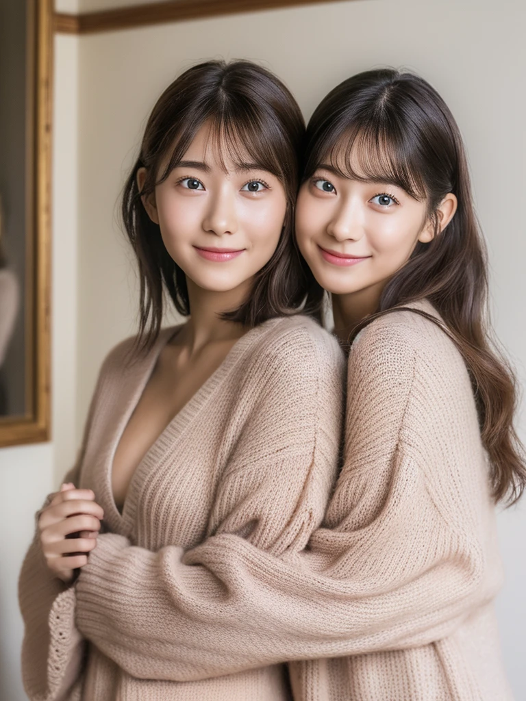 (masterpiece:1.3), (8K, Photoreal, Raw photo, best image quality: 1.4), Japanese high school girl、Similar identical twins、2 girls、(random hairstyle:1.2)、cleavage:1.2、super detail face、eye for details、double eyelid、chest to chest、sharp focus:1.2、Beautiful woman:1.4、light brown hair、highest quality、masterpiece、Super high resolution、(Photoreal:1.4)、Highly detailed and professionally lit smiles、loose and light knitwear, Two girls whose faces, figures, and standing positions are perfectly copied like the virtual image reflected in the mirror and the real image.,To her rightside there is a mirror in which she sees herself., all girls are all exactly the same face, They are hugging each other,